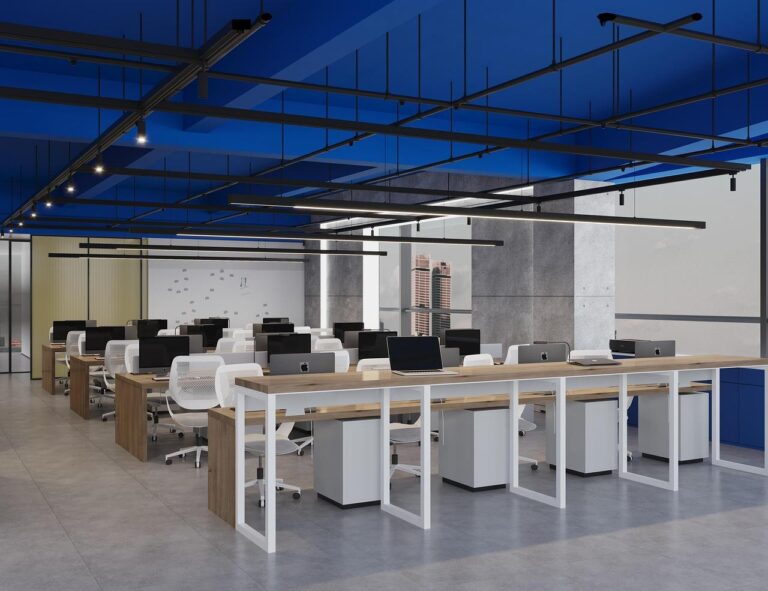 Modern kantoorontwerp met verschillende werkzones voor concentratie en samenwerking, ingericht met stijlvolle materialen